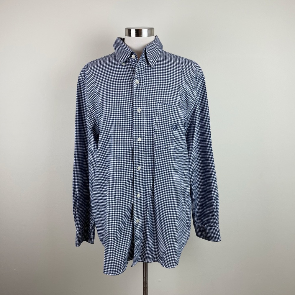 Chaps Navy Blue White Gingham Check Long Sleeve Collared Button Down Shirt Men